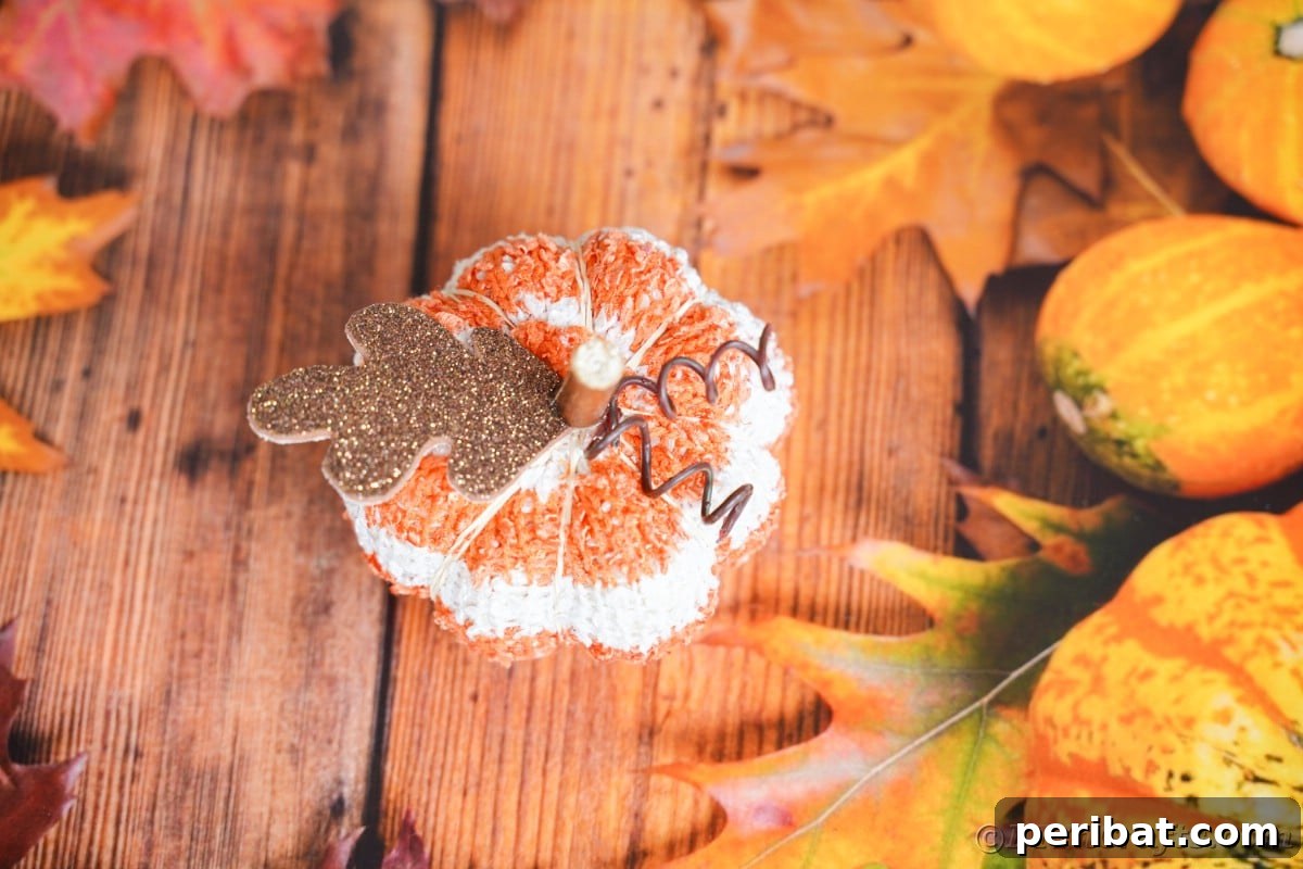 Cozy Sock Pumpkins Fall Home Decor 4 Orange and white striped pumpkin on seasonal themed paper, showcasing a simple yet elegant fall decoration