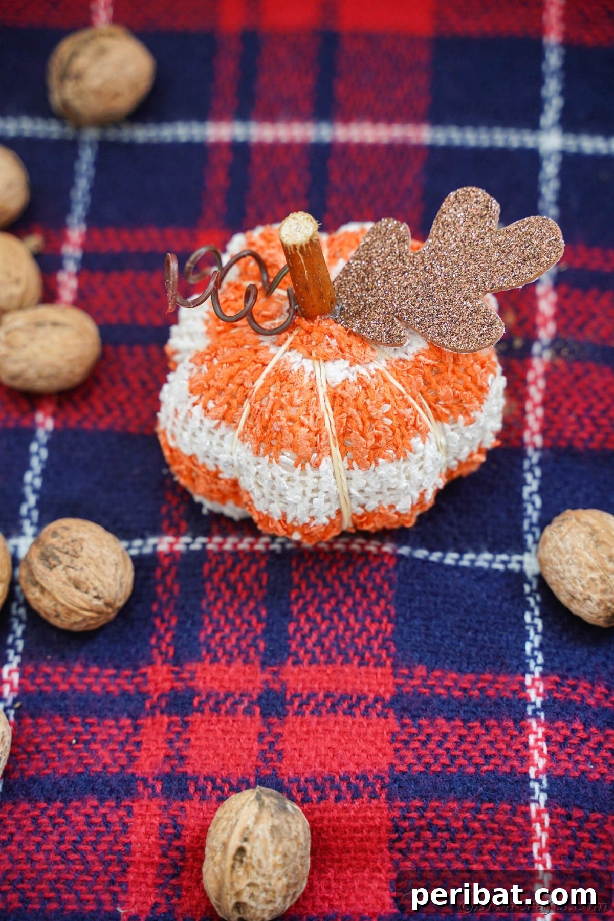 Cozy Sock Pumpkins Fall Home Decor 20 Blue plaid fabric with pecans in shell and stuffed pumpkin, showcasing a cozy, natural arrangement