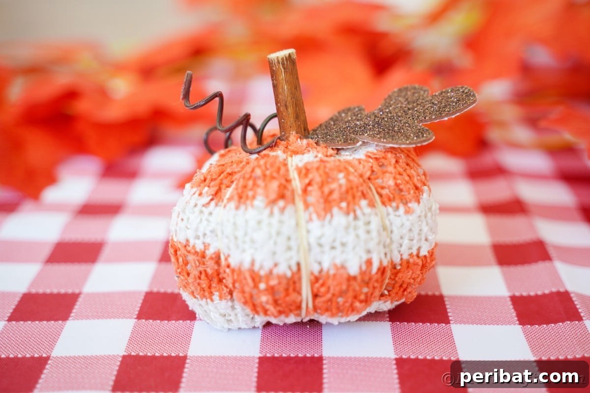 Cozy Sock Pumpkins Fall Home Decor 8 Orange and white striped pumpkin on checked tablecloth, a cozy and inviting fall centerpiece