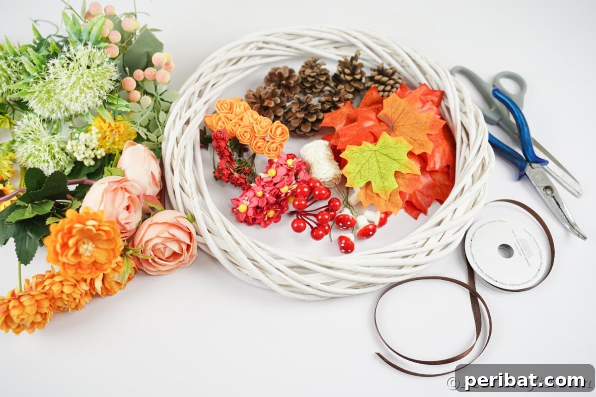 Charming Fall Blossom & Pinecone Wreath 7 White wreath on table with ribbon and fake fall flowers