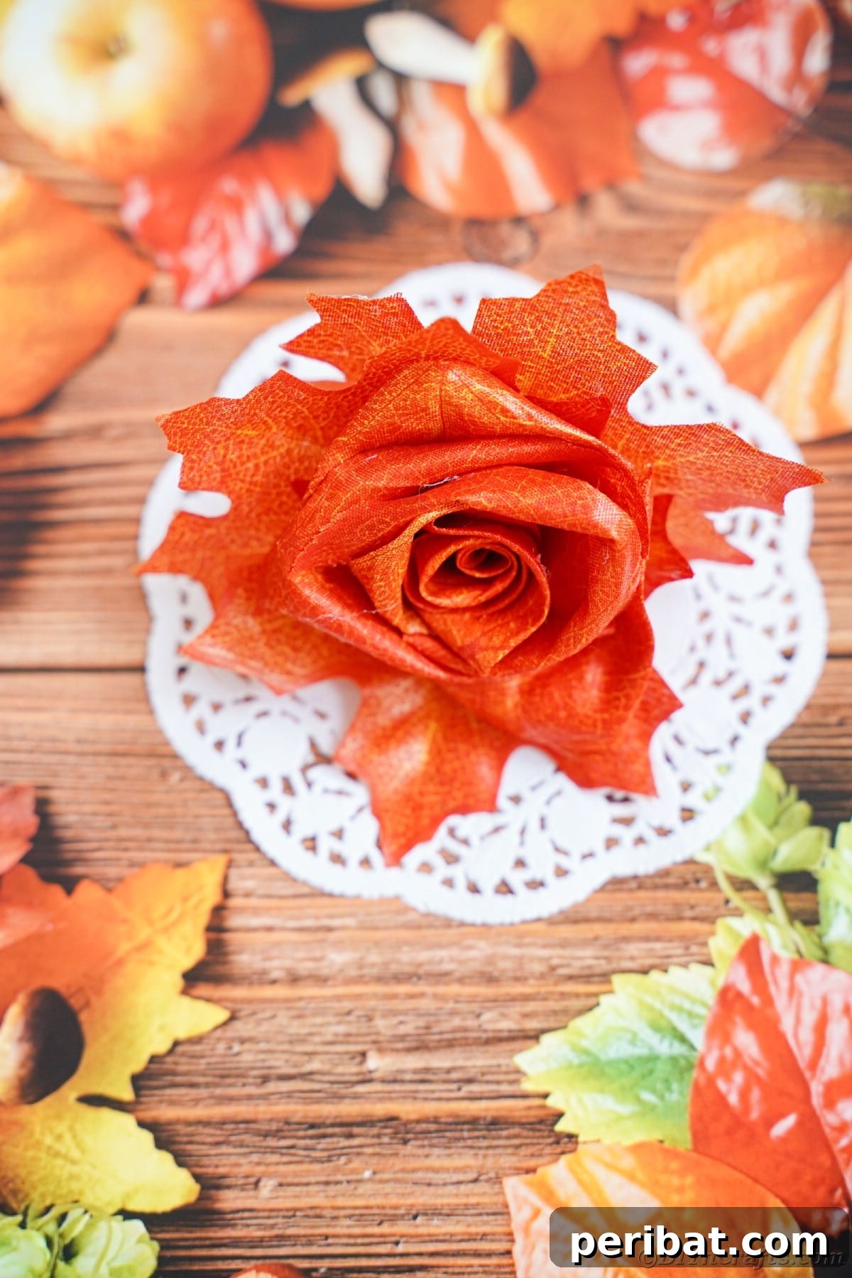Elegant Autumn Rose Displays Crafted from Faux Foliage 2 Fake rose made from leaves on fall themed paper