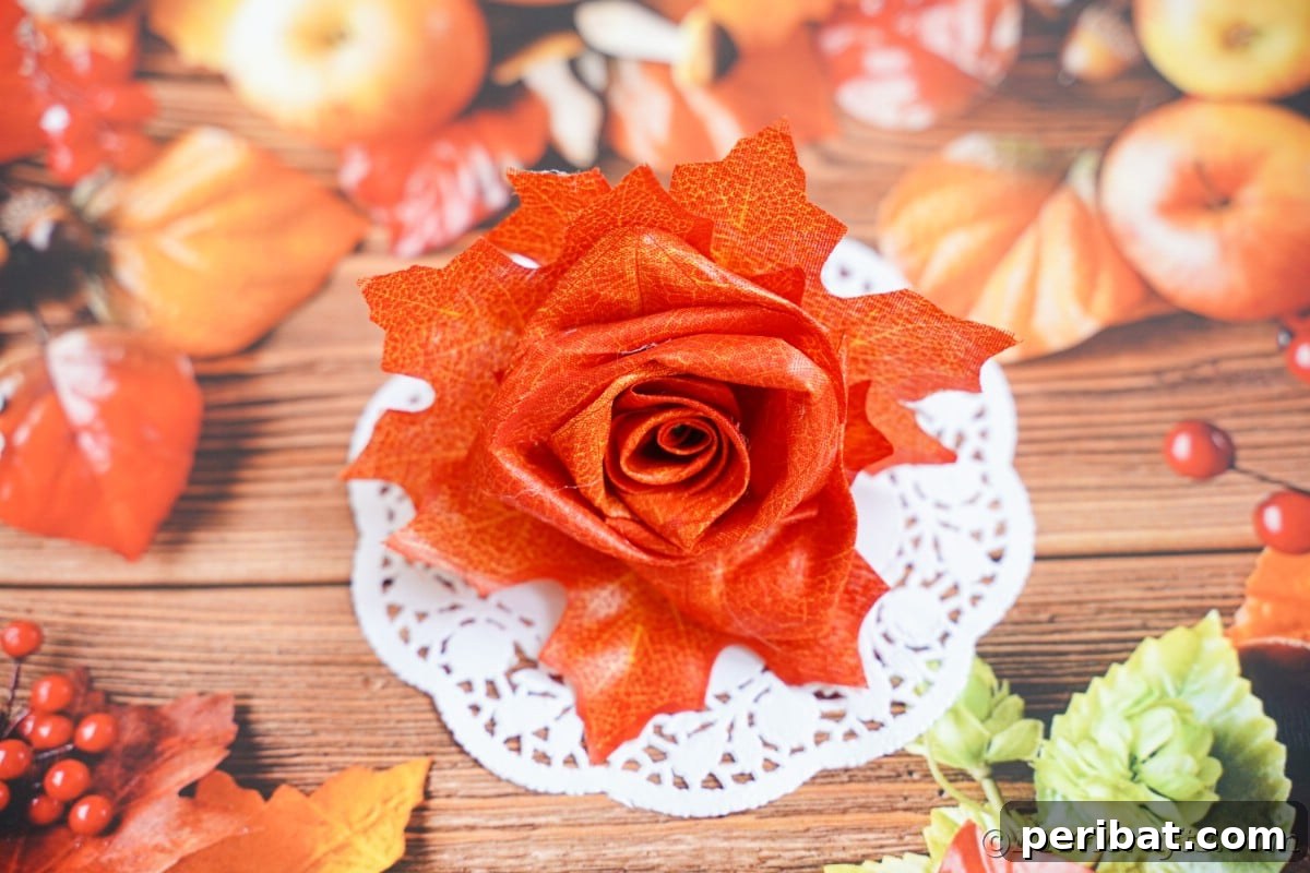 Elegant Autumn Rose Displays Crafted from Faux Foliage 14 Fake orange doily on flower