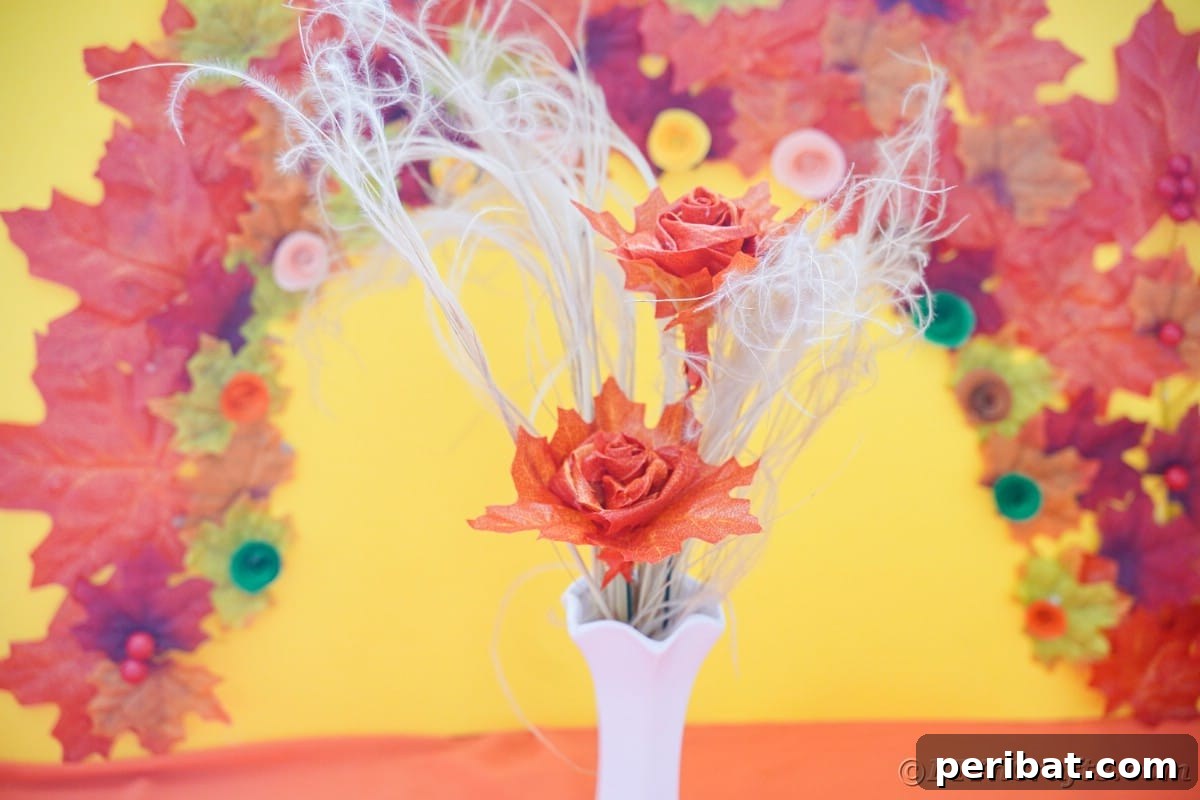Elegant Autumn Rose Displays Crafted from Faux Foliage 19 White vase against yellow background filled with white branches and fake roses