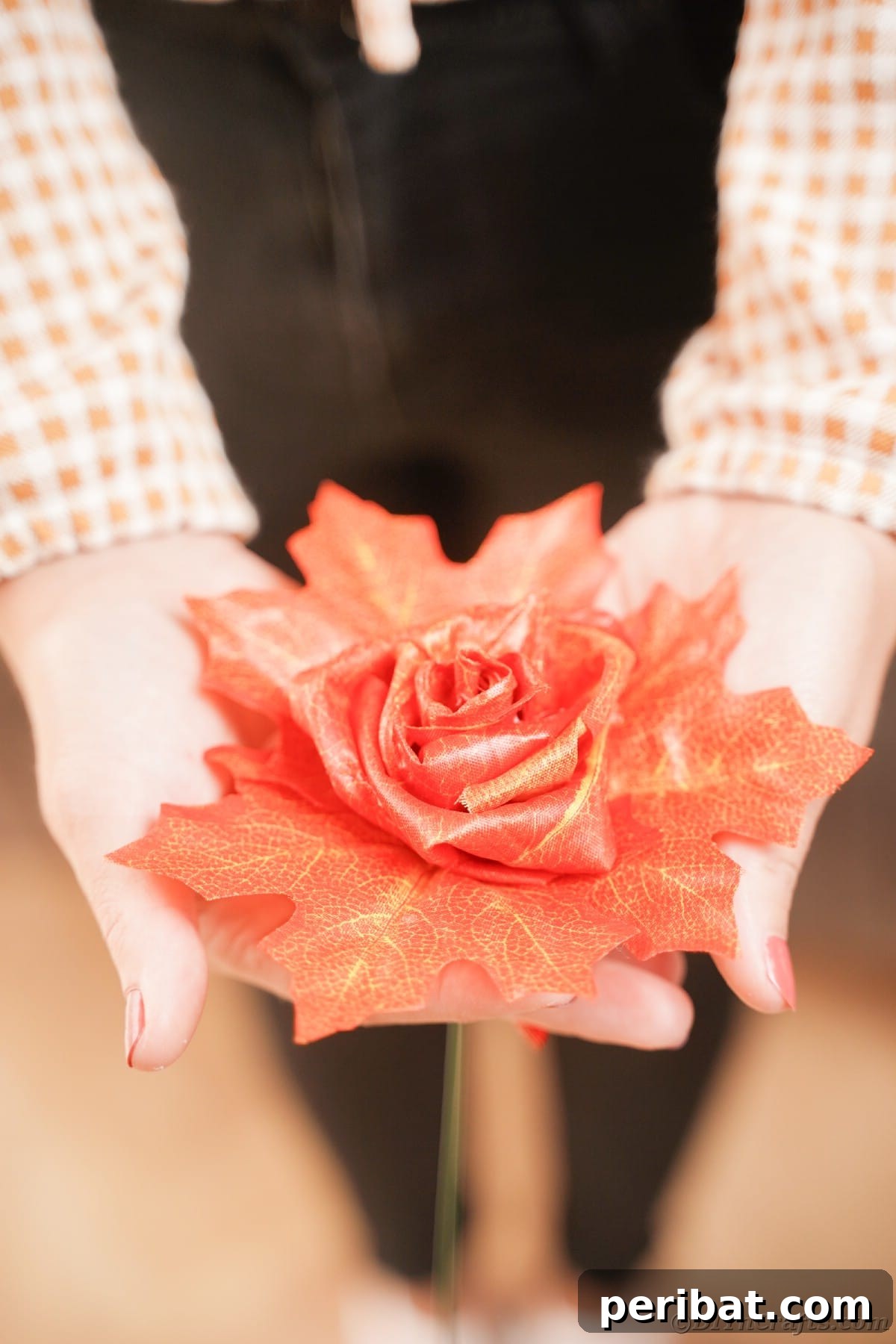 Elegant Autumn Rose Displays Crafted from Faux Foliage 5 Woman holding large fake rose