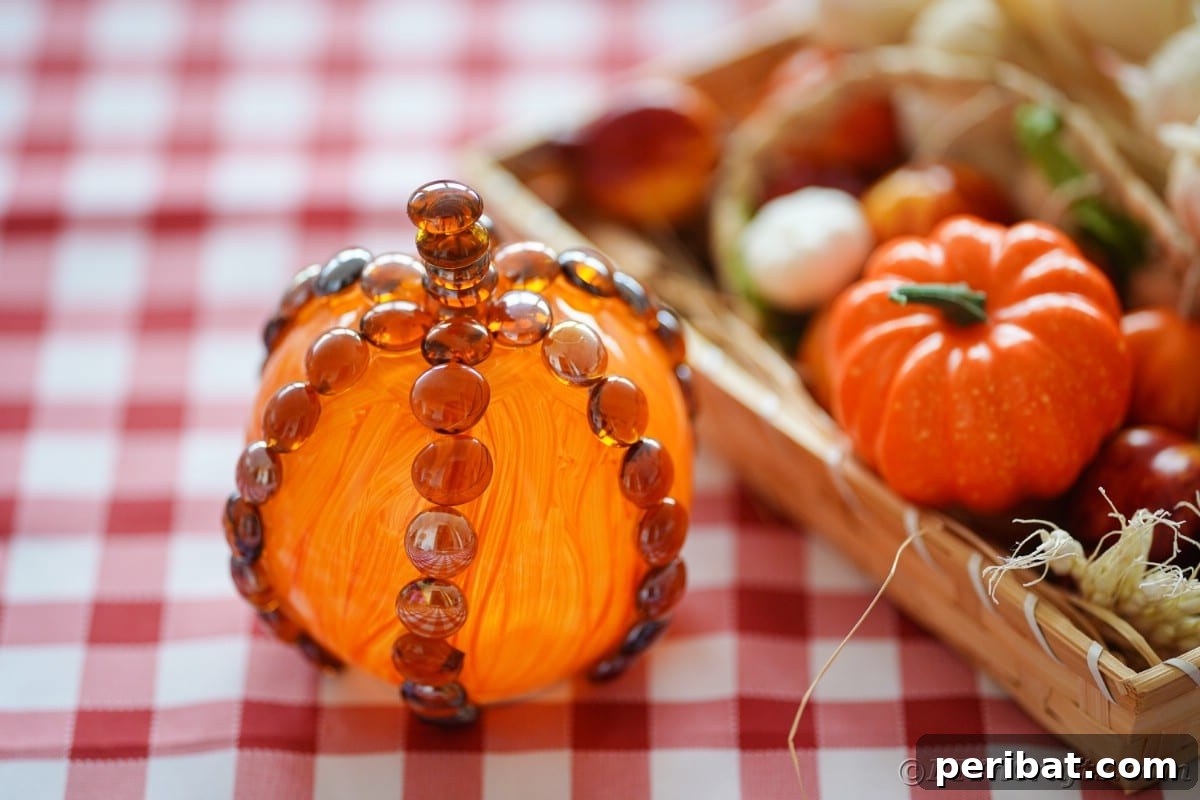 A faux pumpkin sits next to a wooden tray, adorned with a checkered tablecloth, creating a rustic autumn setting ready for fall festivities.