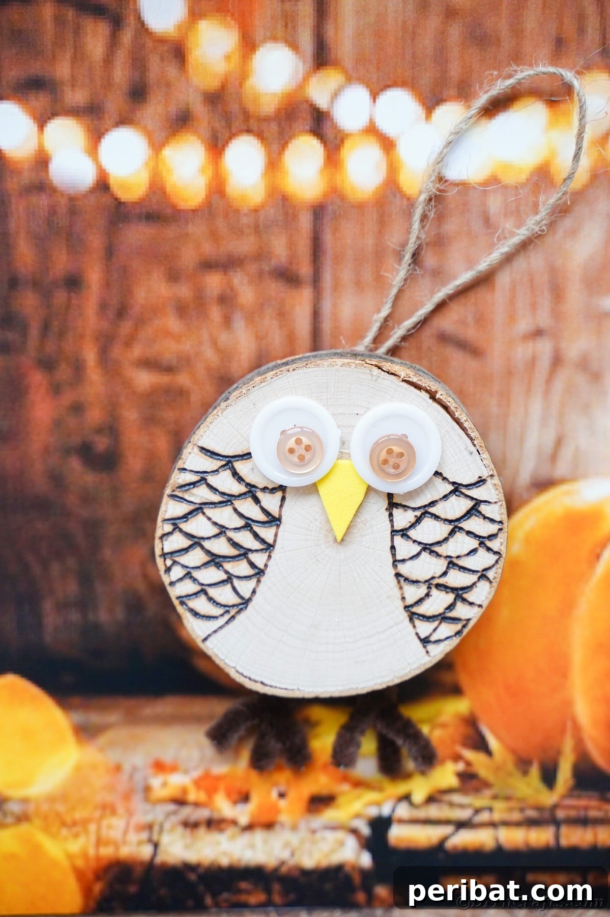 A beautifully crafted wood slice owl ornament leans against a warm wooden background, accompanied by a small, charming fake pumpkin, evoking a cozy, autumnal feel.