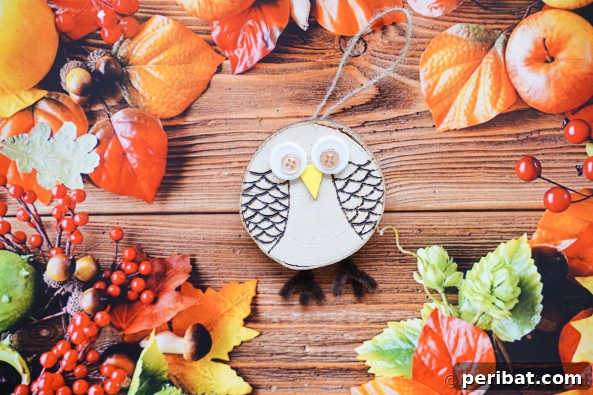 A rustic wood slice owl ornament is elegantly displayed against a background of wood-themed paper, highlighting its natural textures and handcrafted appeal.