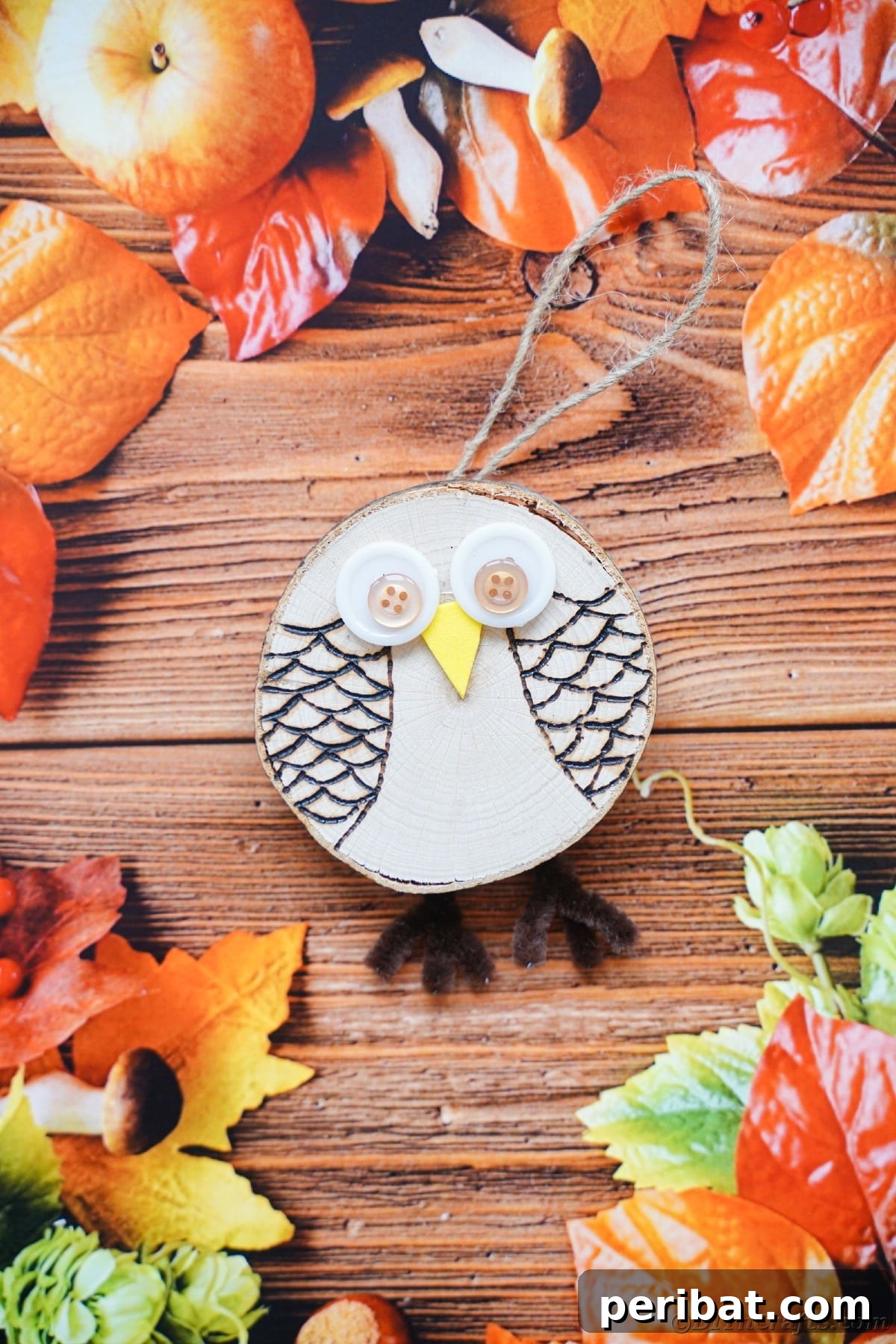 A rustic wood slice owl, complete with a natural twine hanger, rests gently on a wooden surface, surrounded by vibrant fall leaves, embodying autumnal charm.