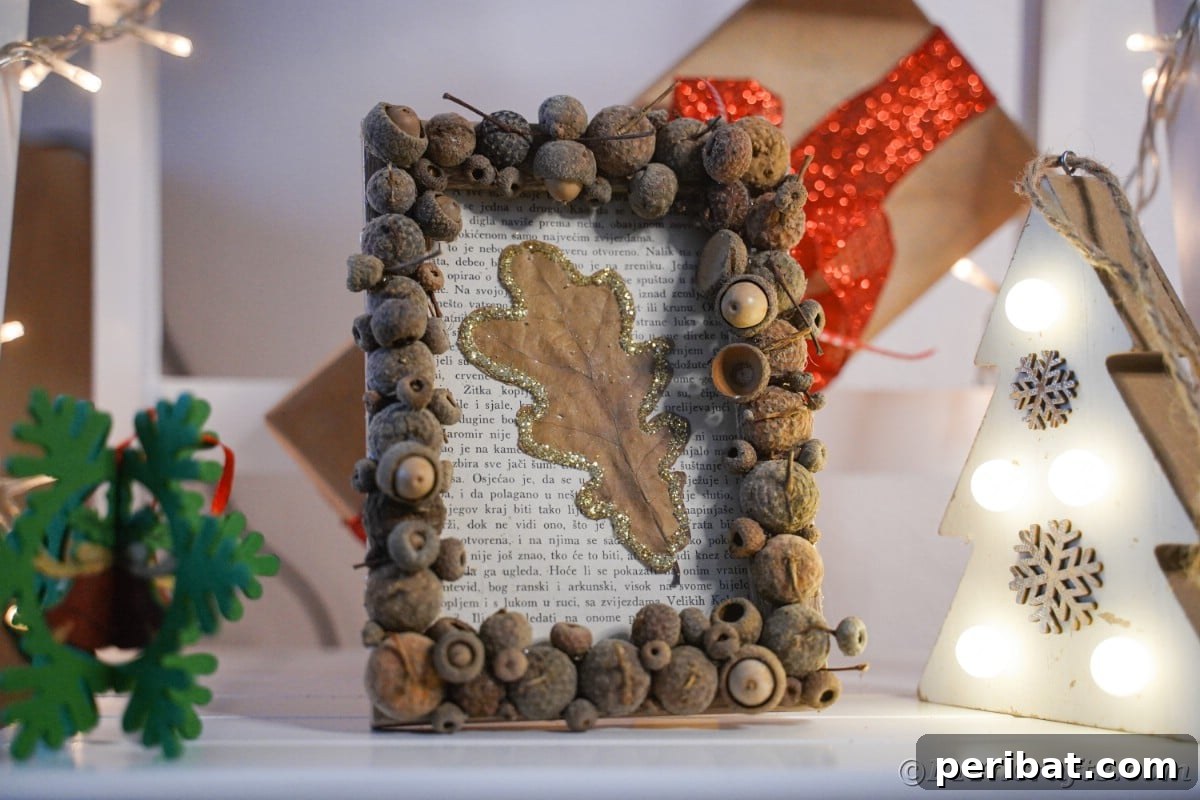 Rustic frame with an old book page and a leaf displayed on a table with a gift in the background, creating a cozy autumn scene.
