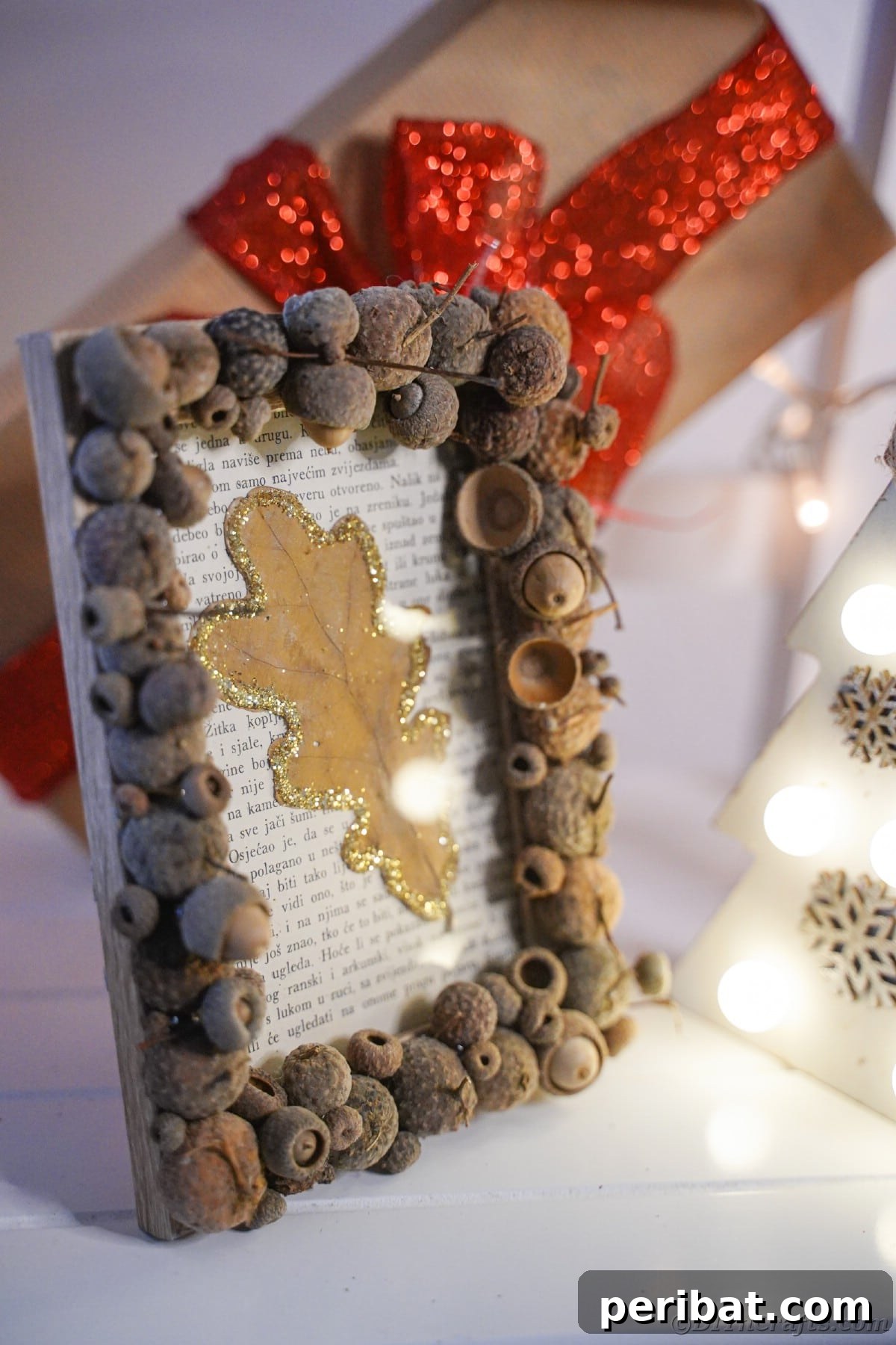 Rustic picture frame on a white table with gifts, suitable for autumn and holiday decorating.