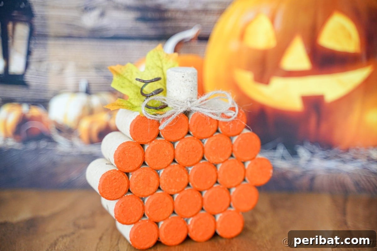 Charming Rustic Wine Cork Pumpkin Creation 5 a wine cork pumpkin sitting proudly in front of a festive jack-o'-lantern paper cutout, embodying autumn spirit