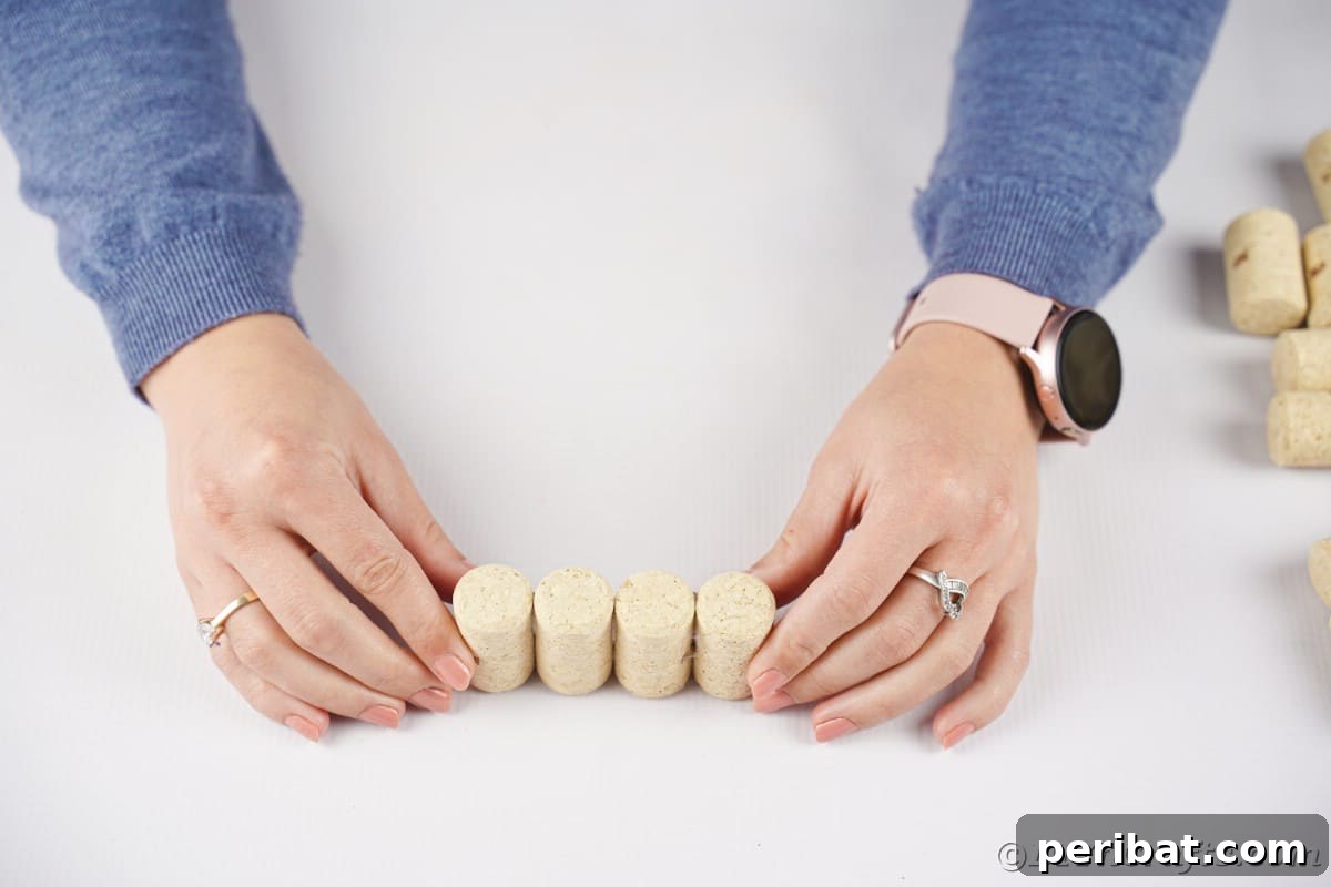 Charming Rustic Wine Cork Pumpkin Creation 9 hands meticulously holding four wine corks together, showcasing the initial step of the crafting process