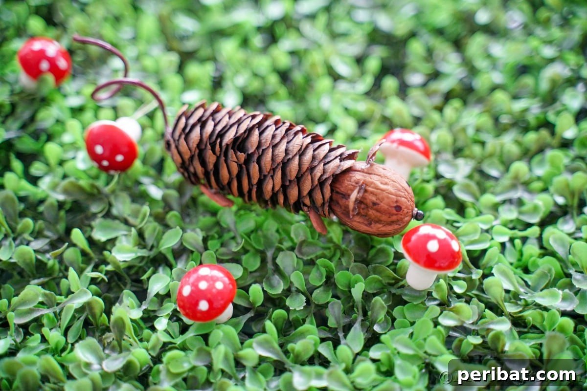 Adorable Pinecone and Pecan Mice Craft 20 fake mouse on grass by mini red topped toadstools