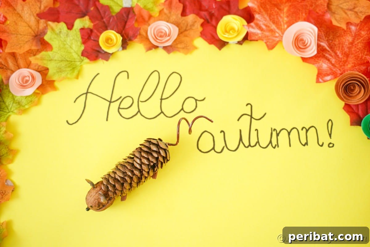 Adorable Pinecone and Pecan Mice Craft 4 yellow paper with fake leaves saying hello autumn by fake pinecone mouse