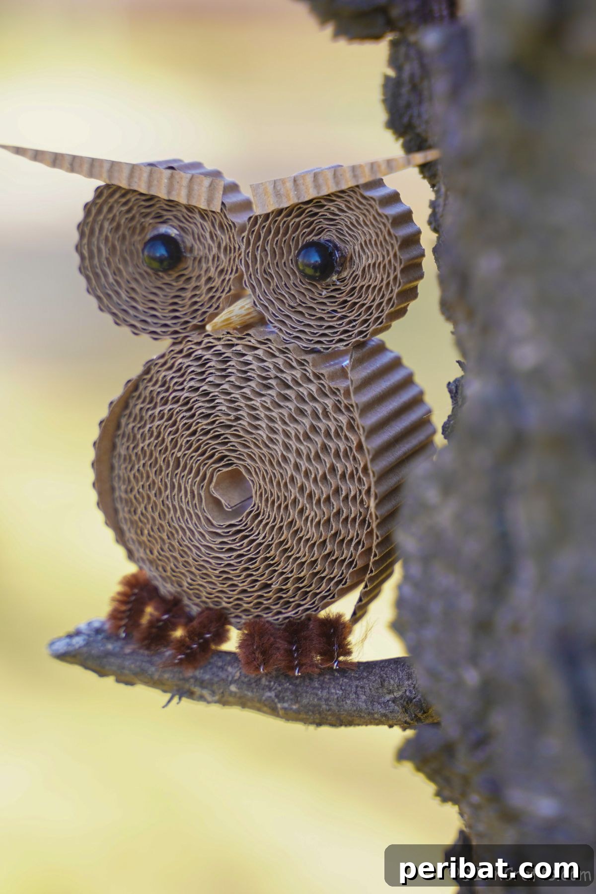 Rustic Rolled Cardboard Owl Art 2 rolled cardboard owl on small branch of tree