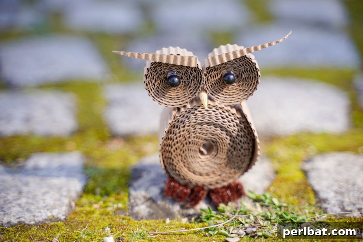 Rustic Rolled Cardboard Owl Art 3 rolld cardboard owl miniature on grass and rock path