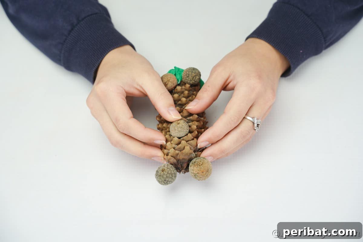 Hands gluing a single acorn cap onto the front of the pinecone to create the snout