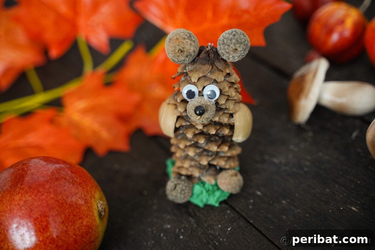 Pinecone bear animal on a rustic wood table surrounded by fake autumn leaves