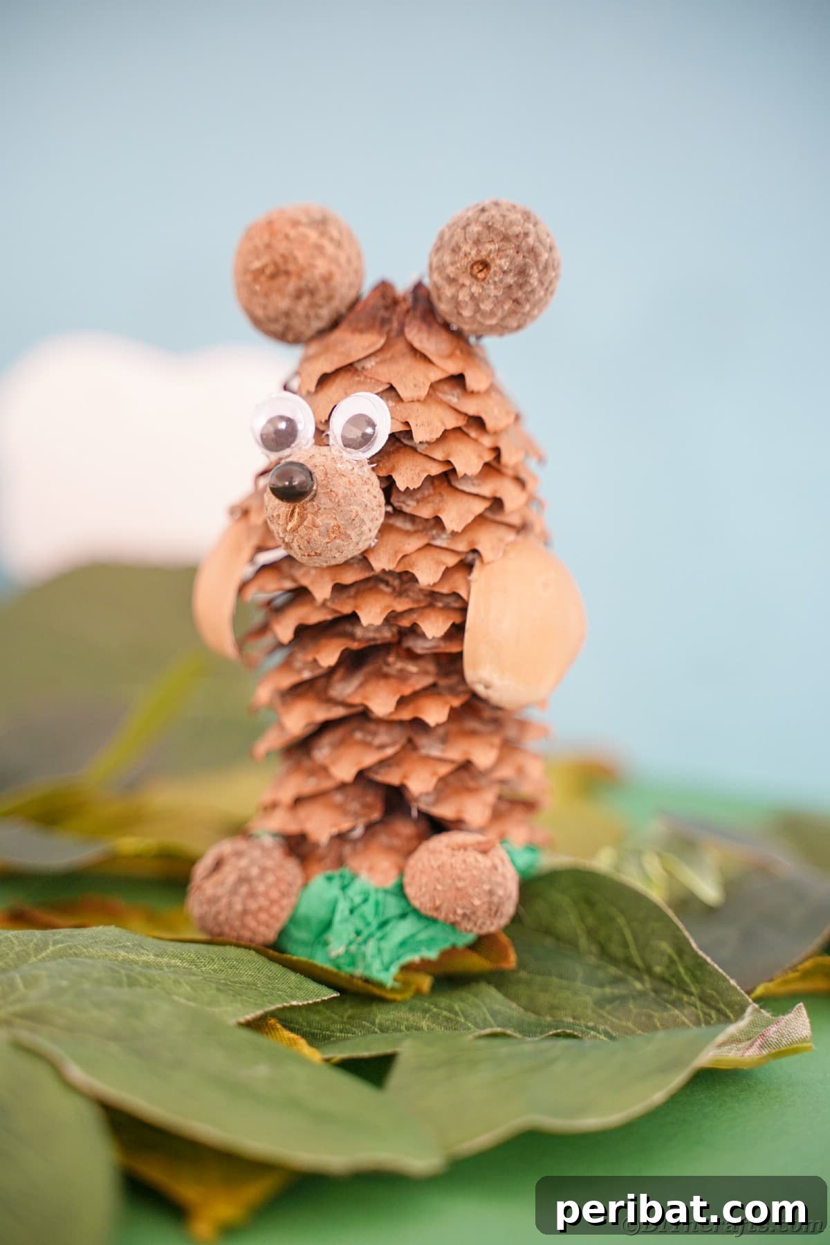 Pinecone bear against a blue cloudy background, symbolizing an outdoor setting