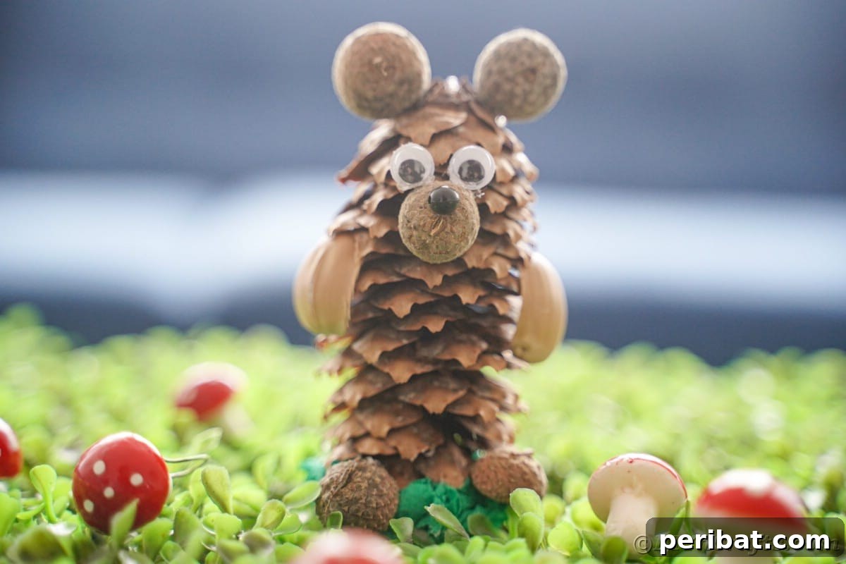 Miniature mushroom toys placed around a pinecone bear on grass