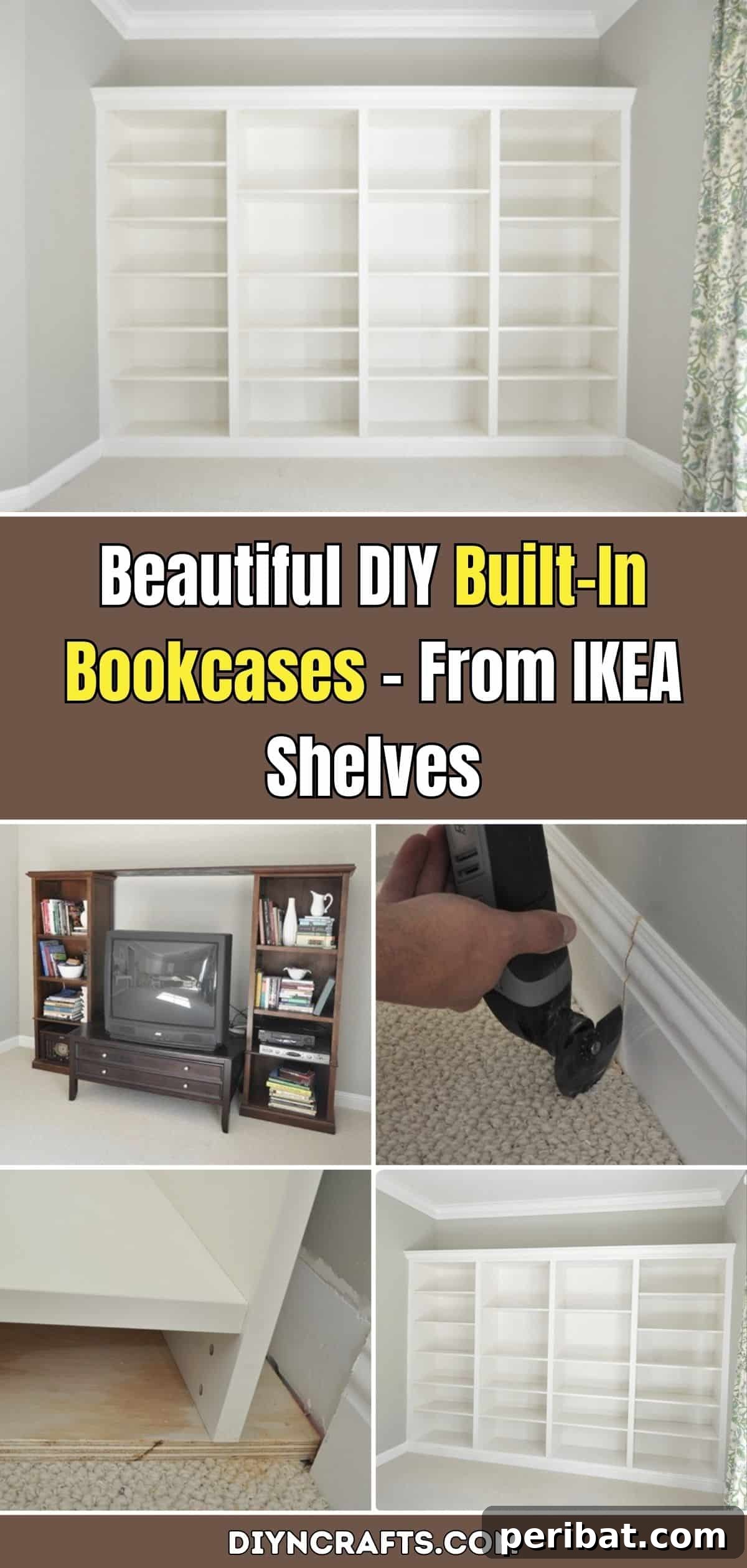 Beautiful DIY Built-In Bookcases – From IKEA Shelves pinterest image
