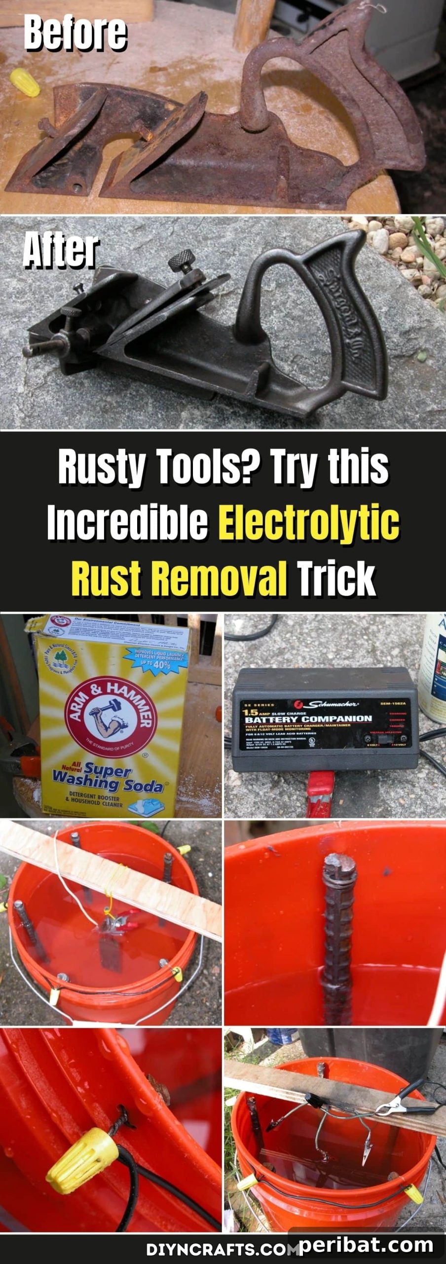 Rusty Tools? Try this Incredible Electrolytic Rust Removal Trick pinterest image