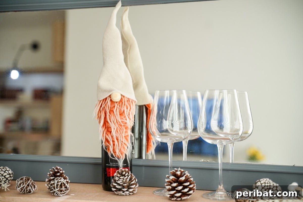 A mirror reflecting wine glasses and a gnome-covered wine bottle positioned elegantly in the foreground.