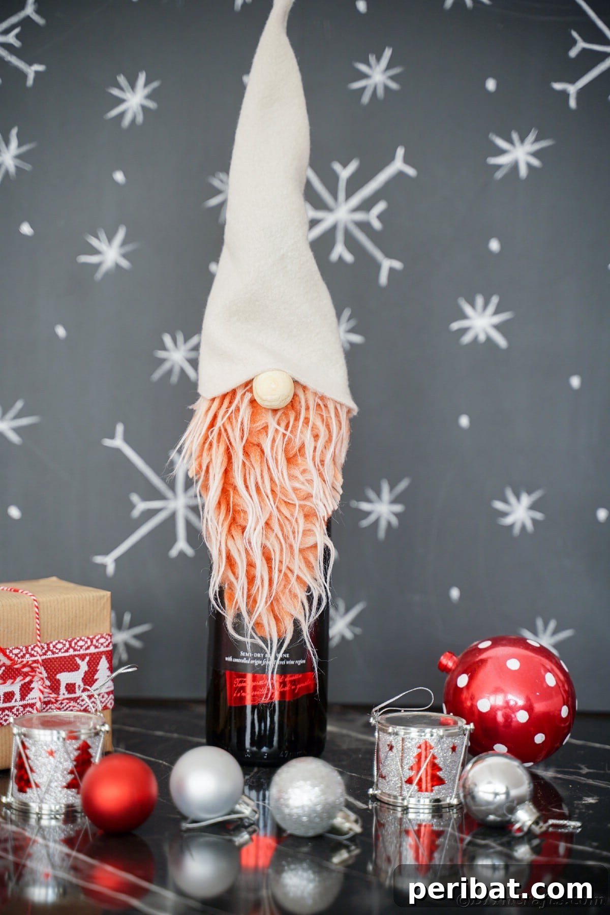 A close-up of a gnome with a vibrant red beard topping a wine bottle.