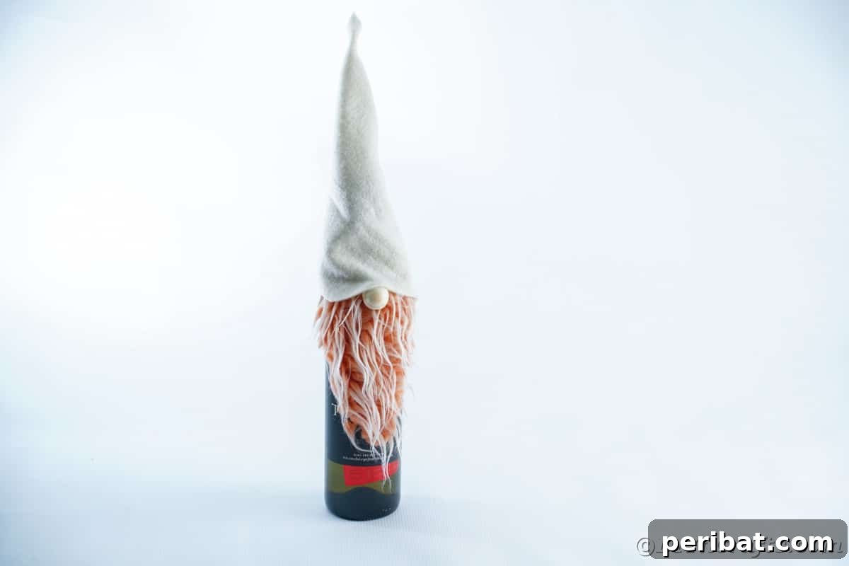 A charming gnome sits atop a wine bottle, ready to decorate any space.
