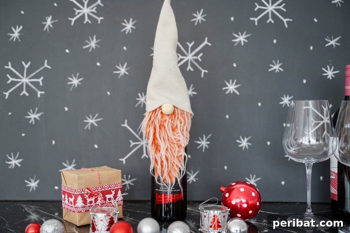 A wine bottle with a gnome cover stands proudly in front of a rustic chalkboard.