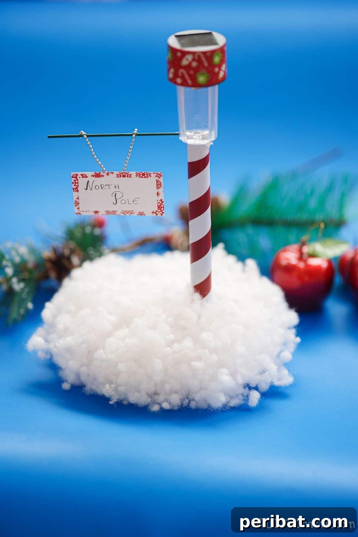 Whimsical Arctic Lamppost Craft 5 North Pole sign with snow base on blue table