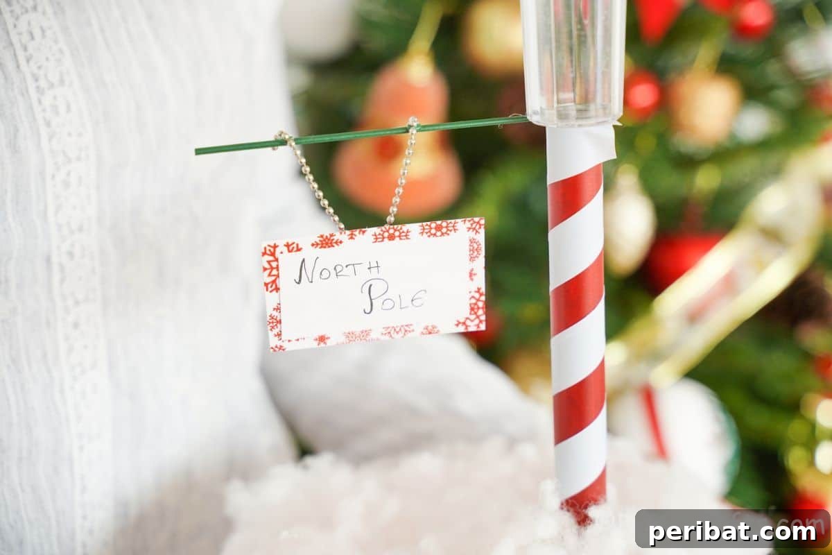 Whimsical Arctic Lamppost Craft 19 lady holding miniature north pole sign in front of holiday tree