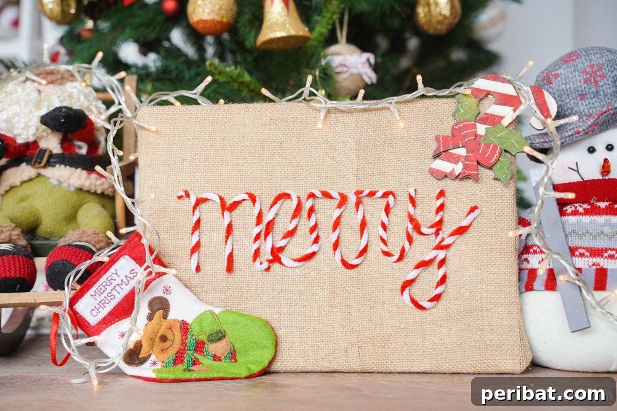 Farmhouse Burlap Christmas Decor 3 burlap Christmas sign in front of Christmas tree