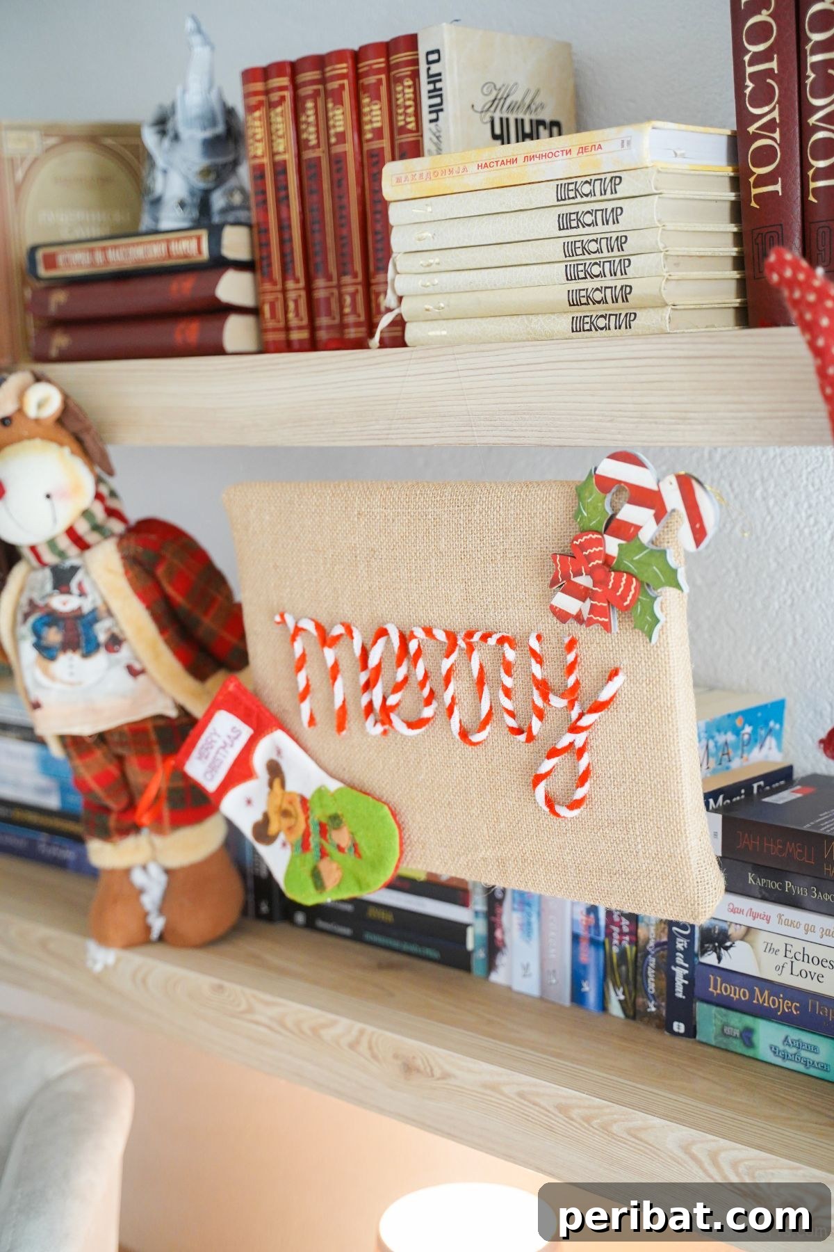 Farmhouse Burlap Christmas Decor 15 bookshelf with burlap sign that says merry
