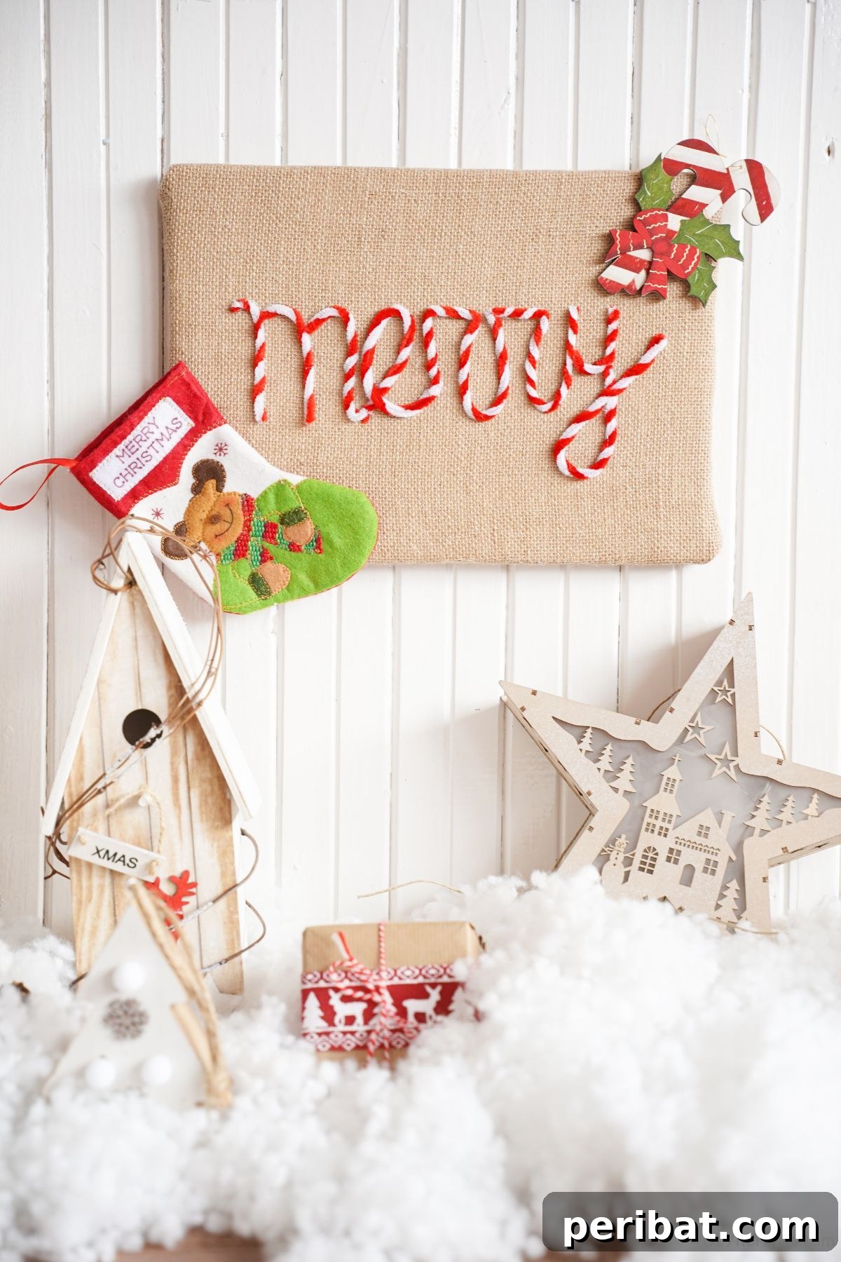 Farmhouse Burlap Christmas Decor 4 burlap sign against white shiplap wall