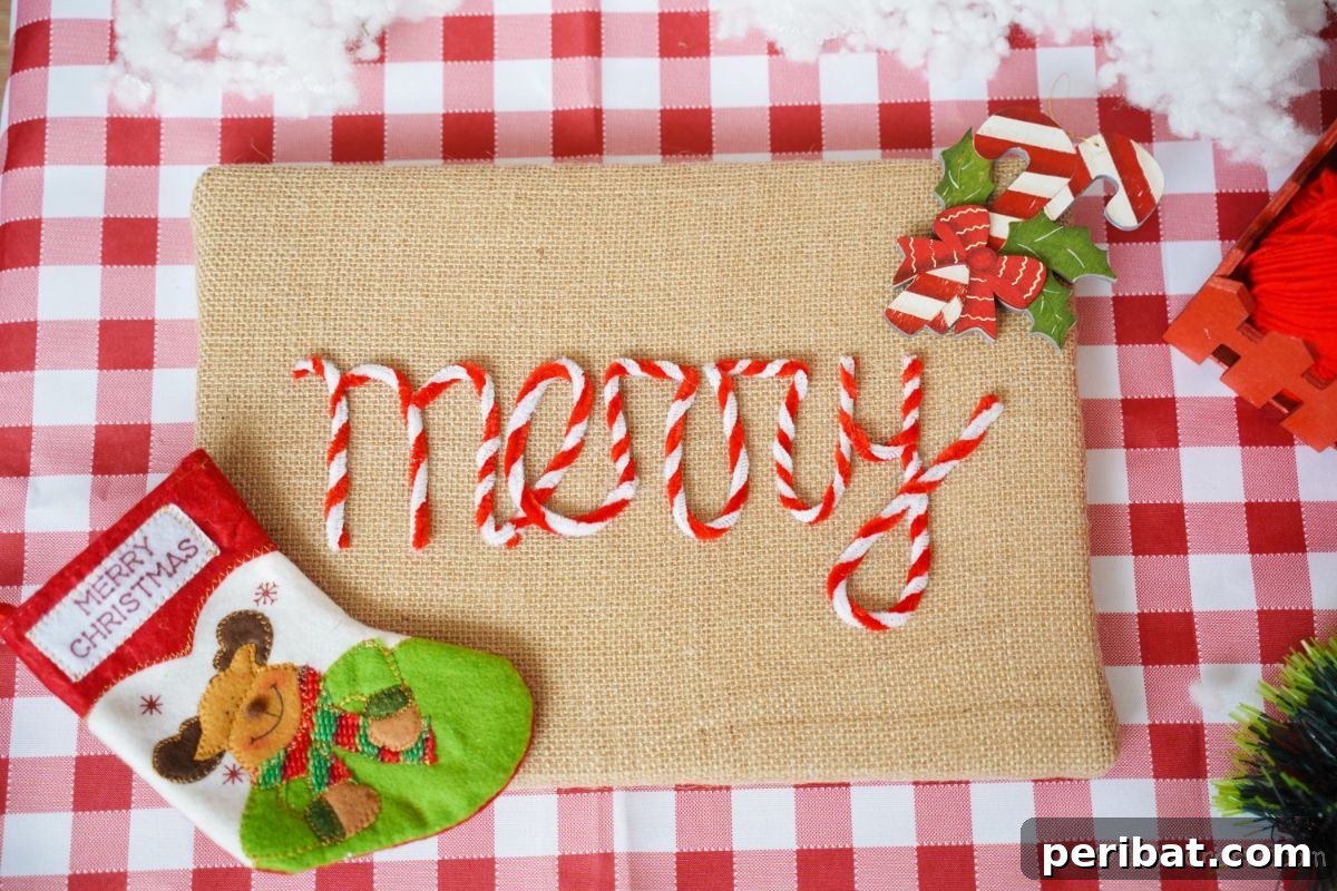 Farmhouse Burlap Christmas Decor 5 holiday themed burlap sign on red and white checked table