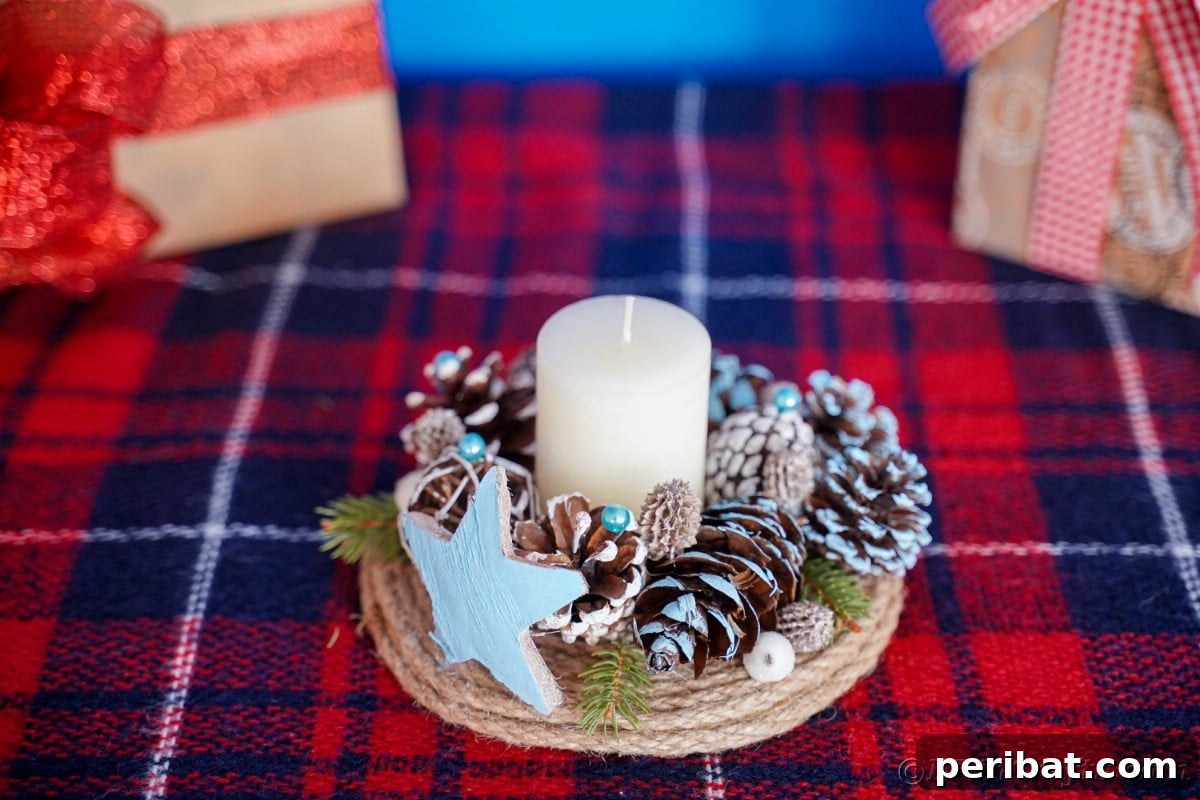 Cozy Farmhouse Christmas Candle Centerpiece 9 plaid table with rustic candle holder