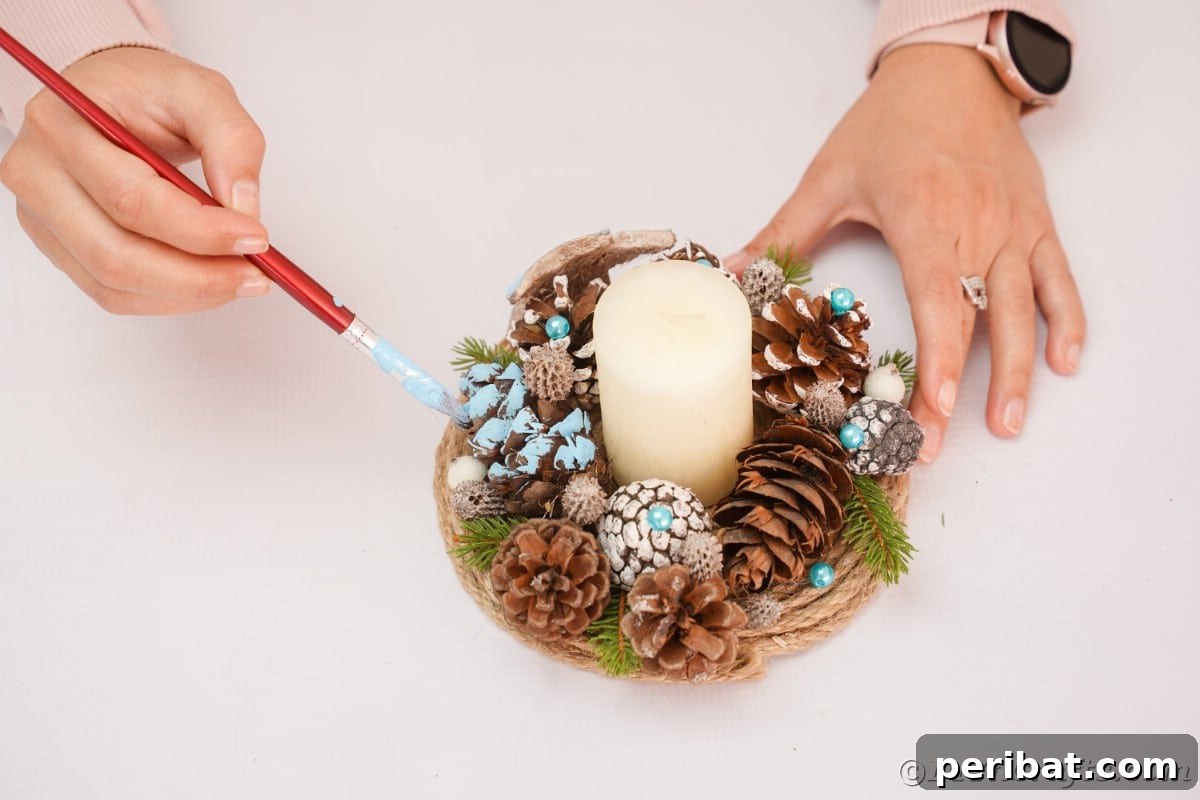 Cozy Farmhouse Christmas Candle Centerpiece 14 hand painting pinecones blue