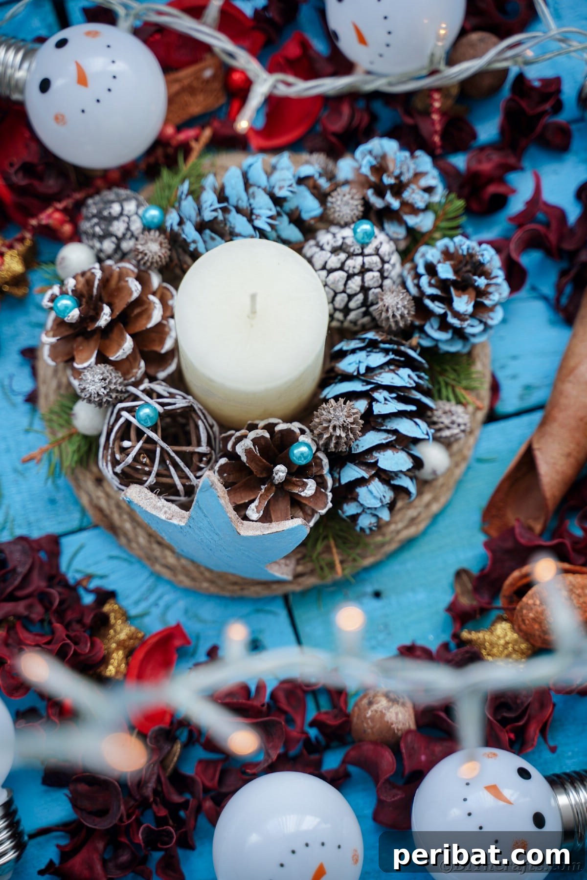 Cozy Farmhouse Christmas Candle Centerpiece 19 blue table holding rustic potpourri and centerpiece