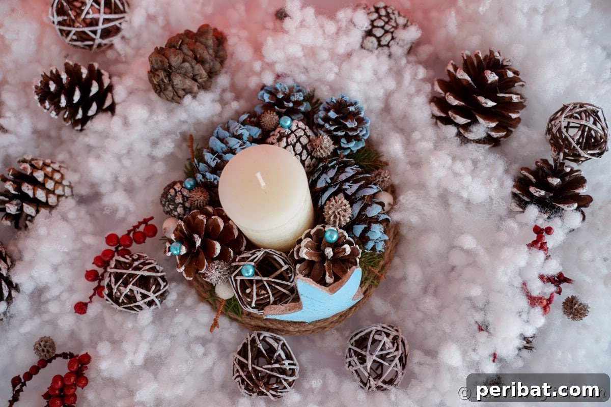 Cozy Farmhouse Christmas Candle Centerpiece 6 blue star and pinecone centerpiece with candle on fake snow