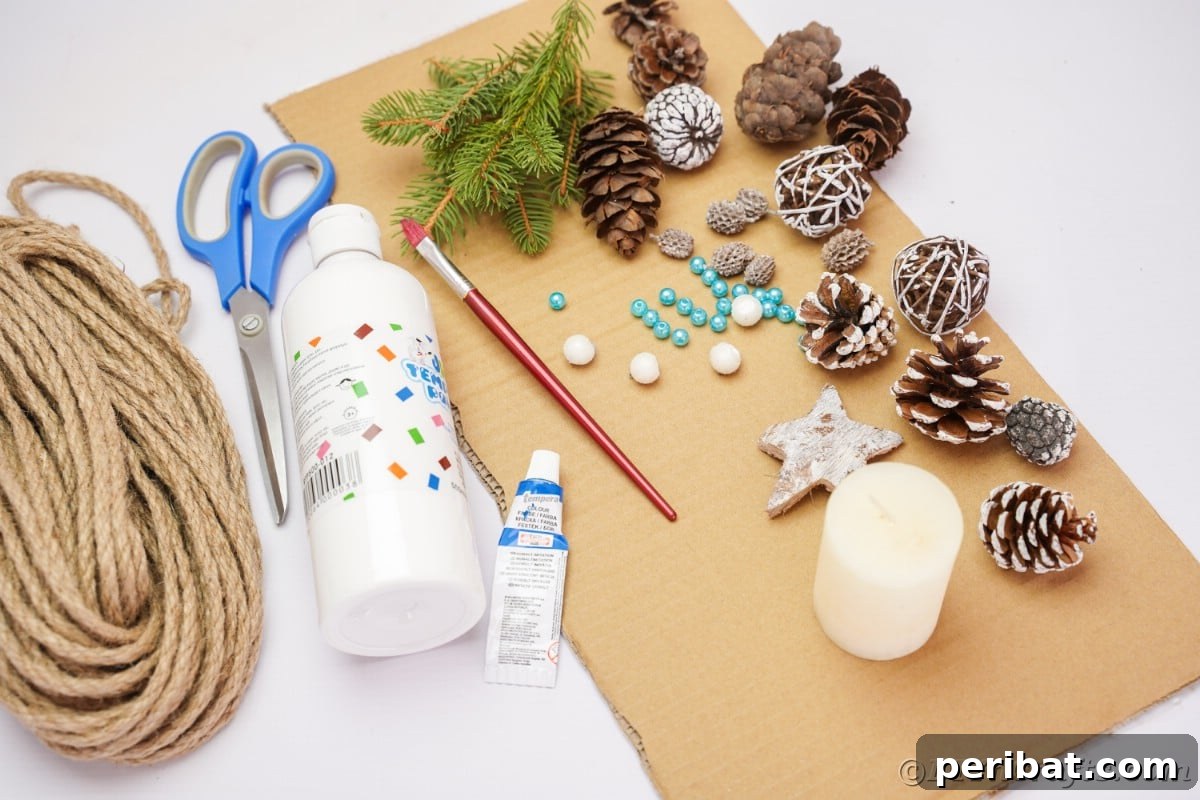 Cozy Farmhouse Christmas Candle Centerpiece 8 cardboard pinecones beads and paint on white table