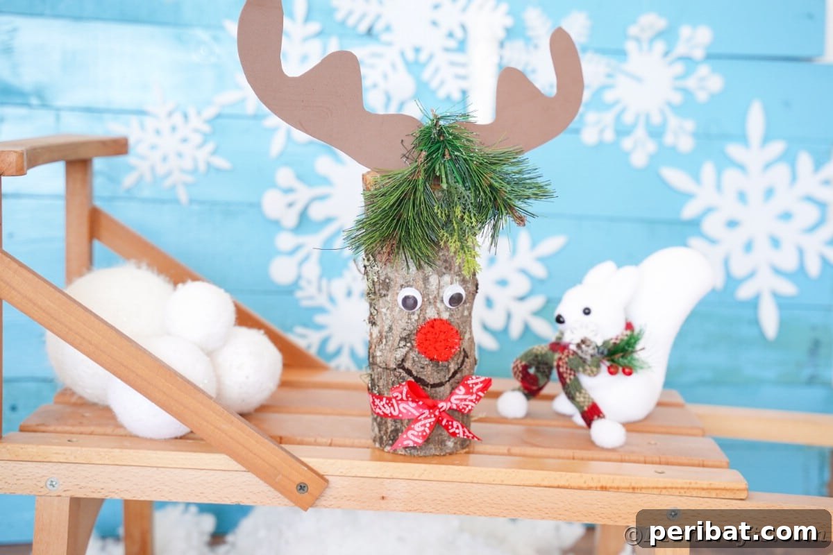 Whimsical Woodland Log Reindeer Decor 3 reindeer decoration on tray by blue background