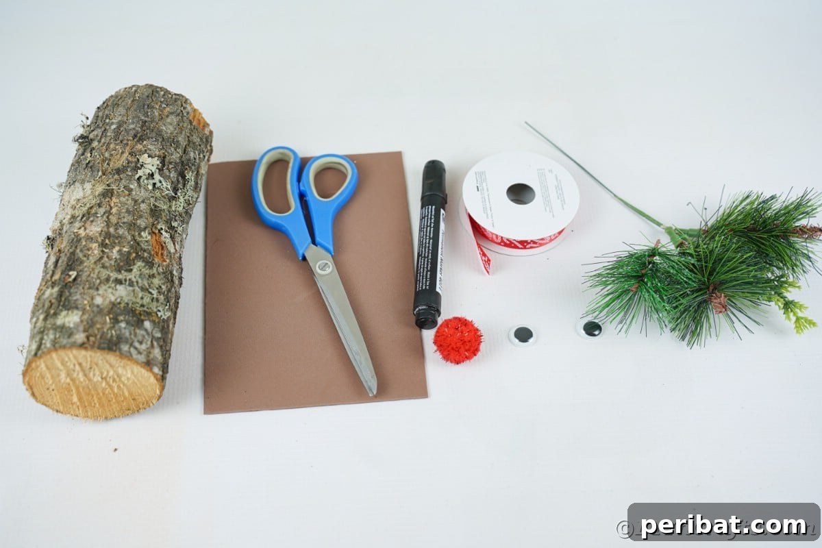 Whimsical Woodland Log Reindeer Decor 8 wood brown paper scissors and other supplies on white table