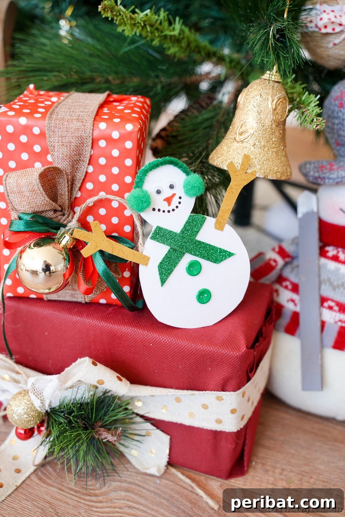 Simple Snowman Christmas Card Craft for Children 19 Snowman sitting on top of package wrapped in red paper