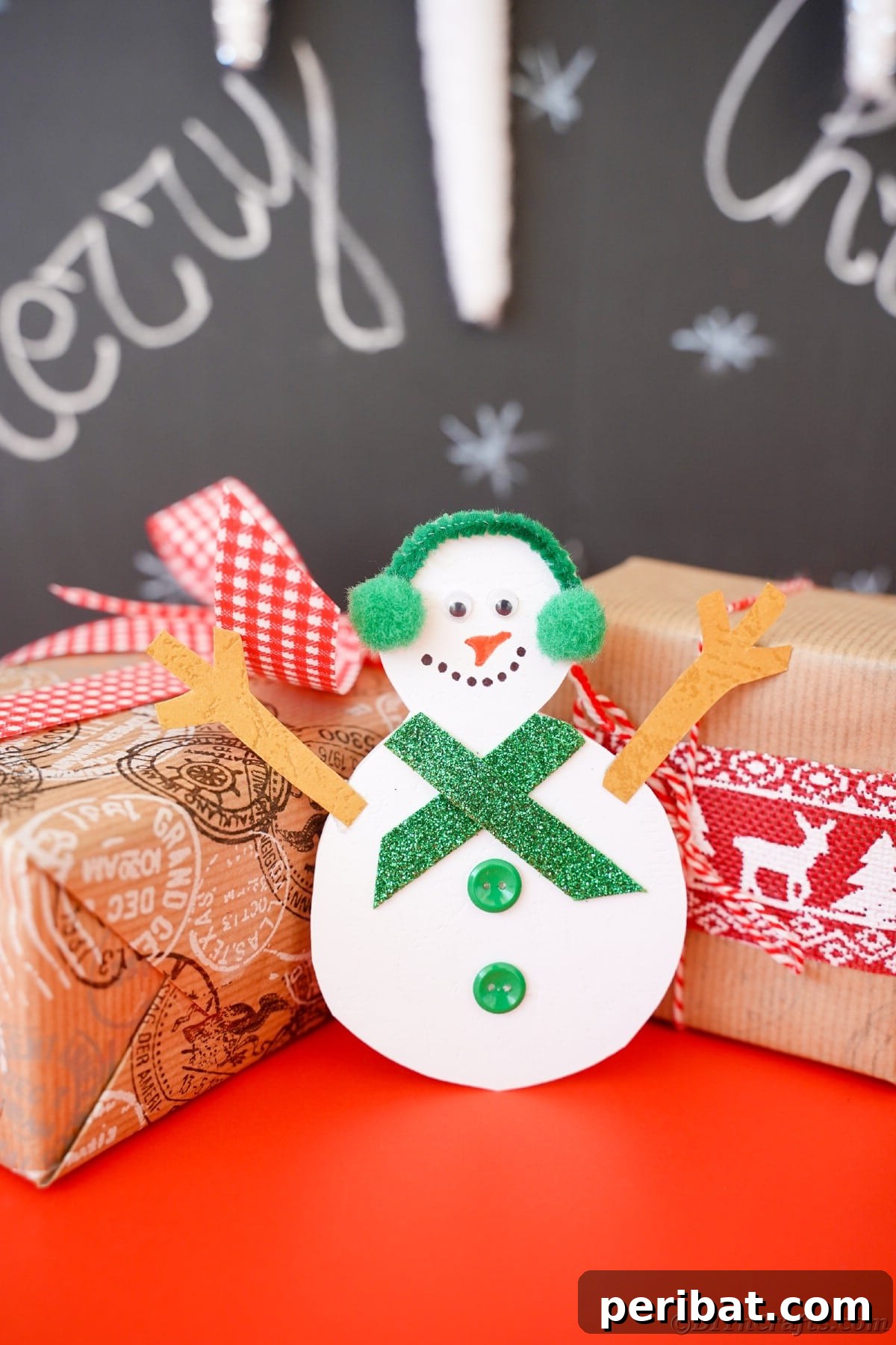 Simple Snowman Christmas Card Craft for Children 21 paper snowman with gifts by chalkboard
