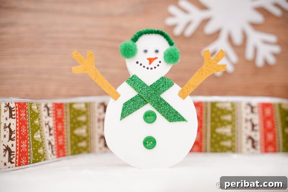 Simple Snowman Christmas Card Craft for Children 5 paper snowman in front of holiday theme paper