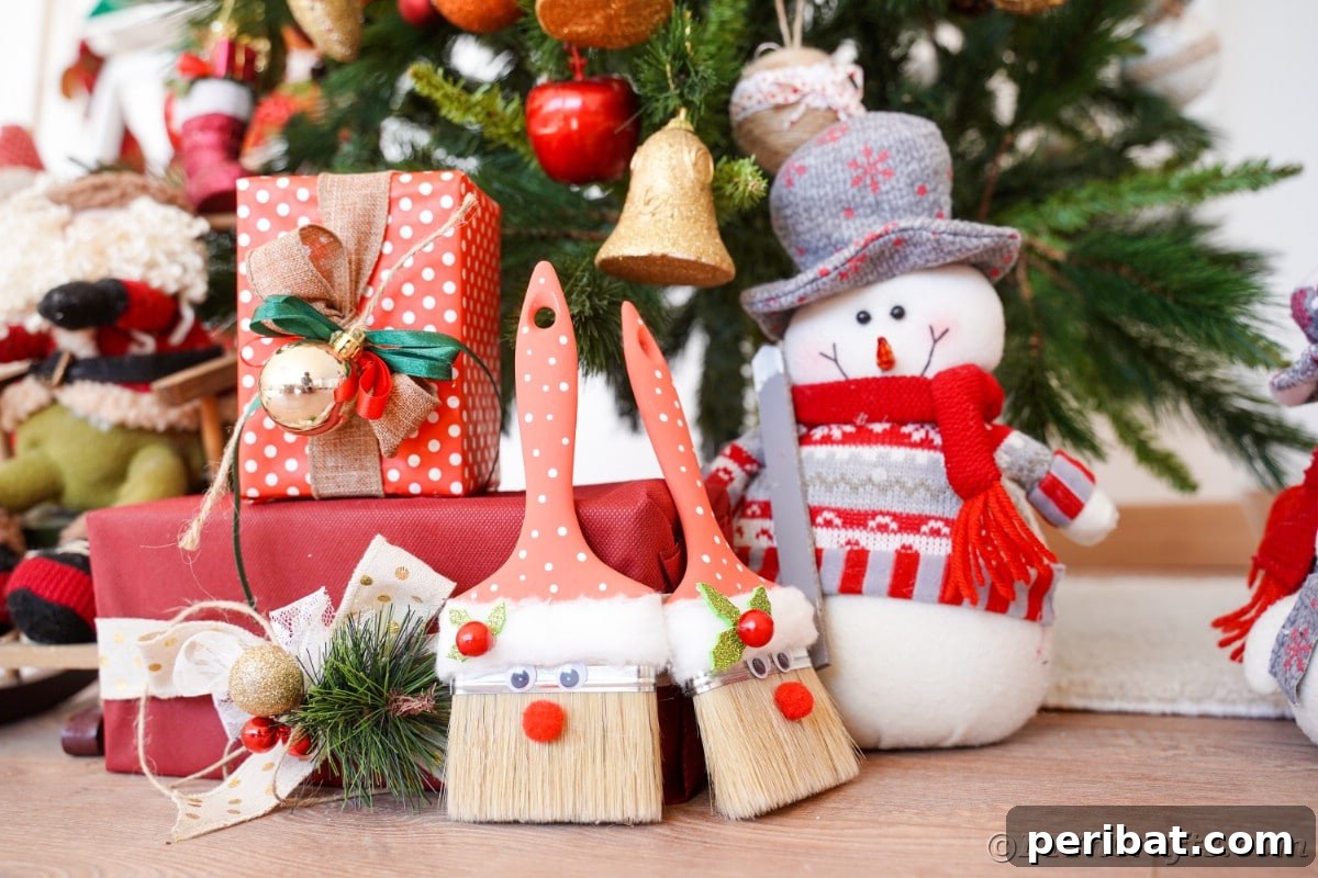 A paintbrush Santa Claus decoration leaning against a beautifully wrapped gift under a decorated Christmas tree, showcasing its festive appeal.