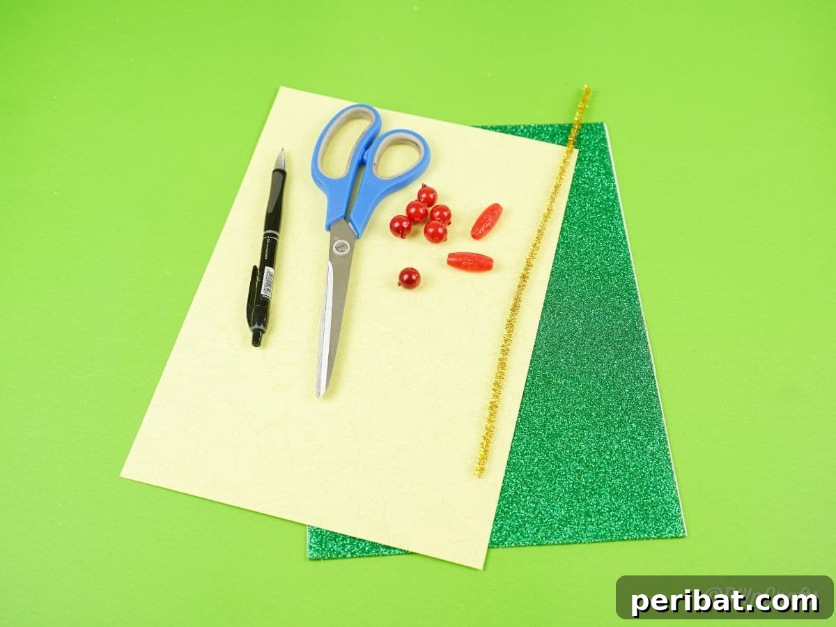 Handcrafted Paper Holly Christmas Ornament 7 yellow and green paper on a bright green table, showing raw materials