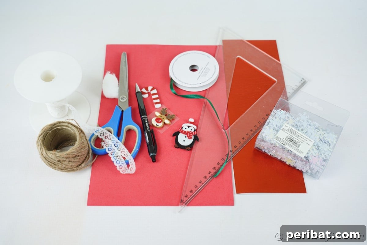 Whimsical Foam Penguin House Tree Ornament 8 Craft supplies, including scissors, foam paper, and a ruler, neatly laid out on a white table