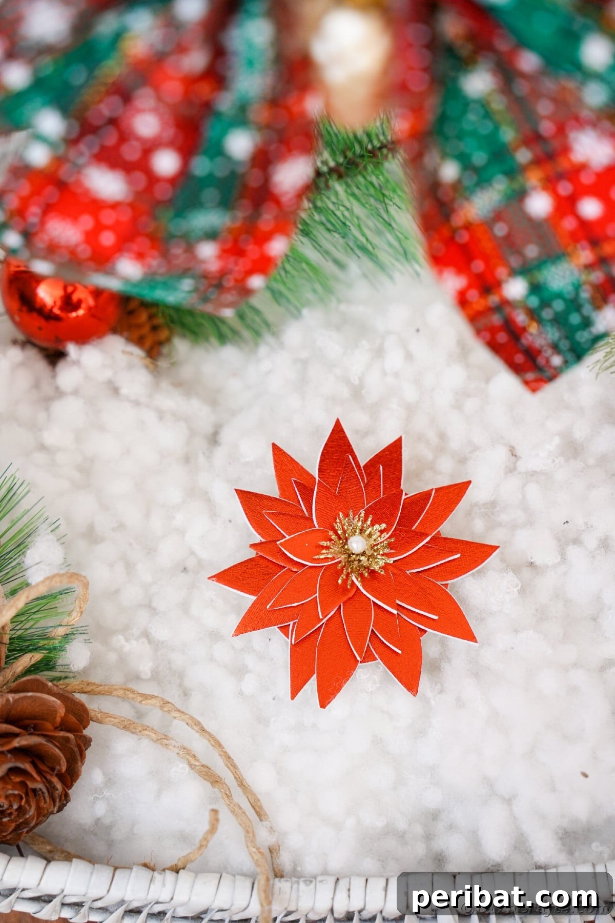 Craft Your Own Foam Poinsettia Brooch or Festive Ornament 13 Fake snow with red and green bow on top and fake flower on bottom